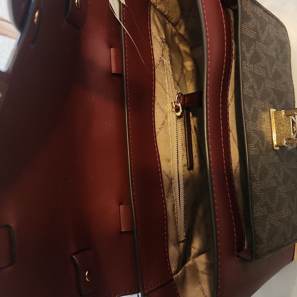 Michael Kors Dark Cherry and Brown Signature Leather Satchel/Crossbody NWT - Picture 8 of 9